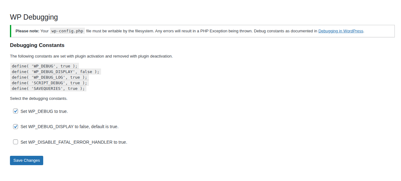 WP Debugging settings page with the wp-config.php writability note