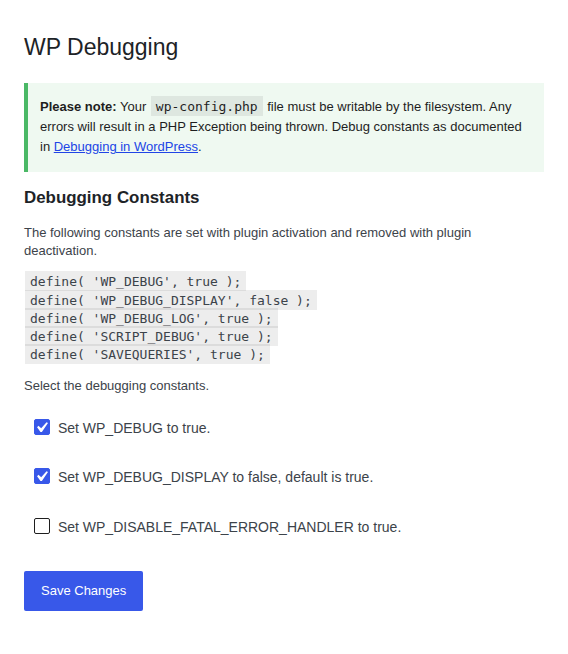 WP Debugging diagnostic settings and Save Changes control
