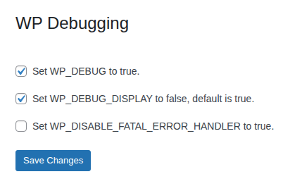 WP Debugging settings controls with the Save Changes action for disabling temporary debugging