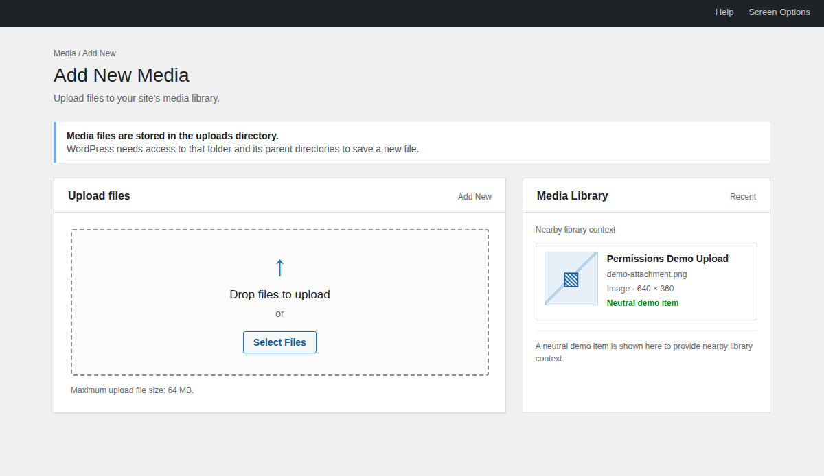 WordPress Media upload screen for checking uploads access