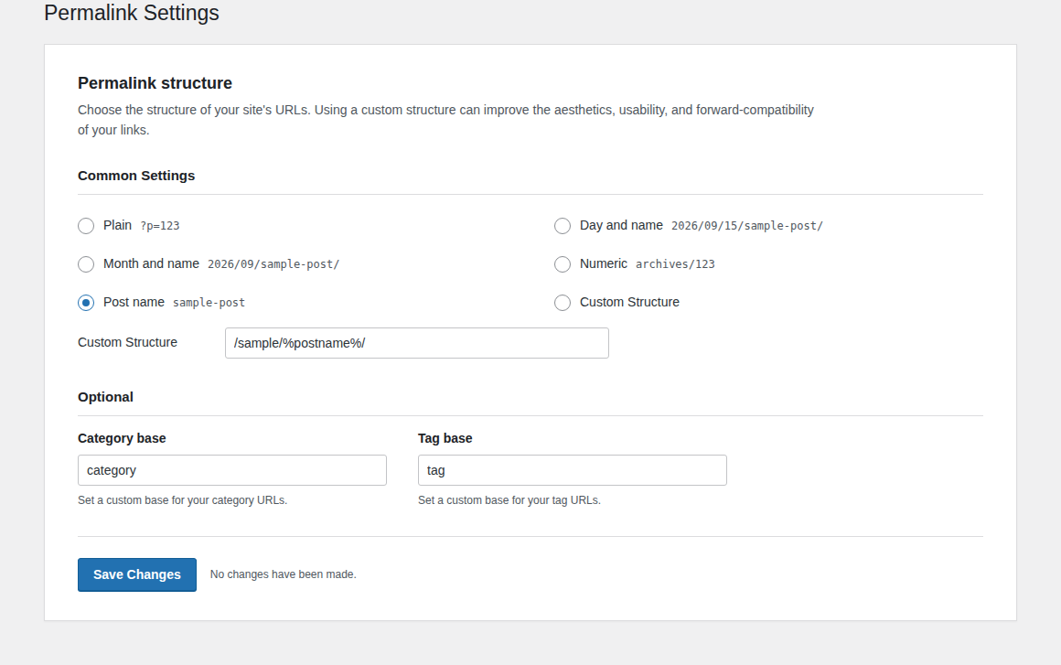 WordPress Permalinks settings for checking rewrite behavior