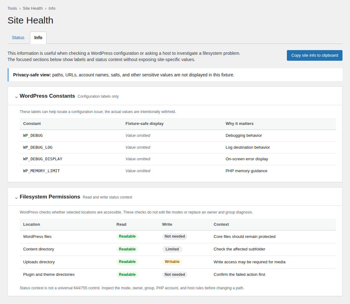 WordPress debug information showing configuration and filesystem context