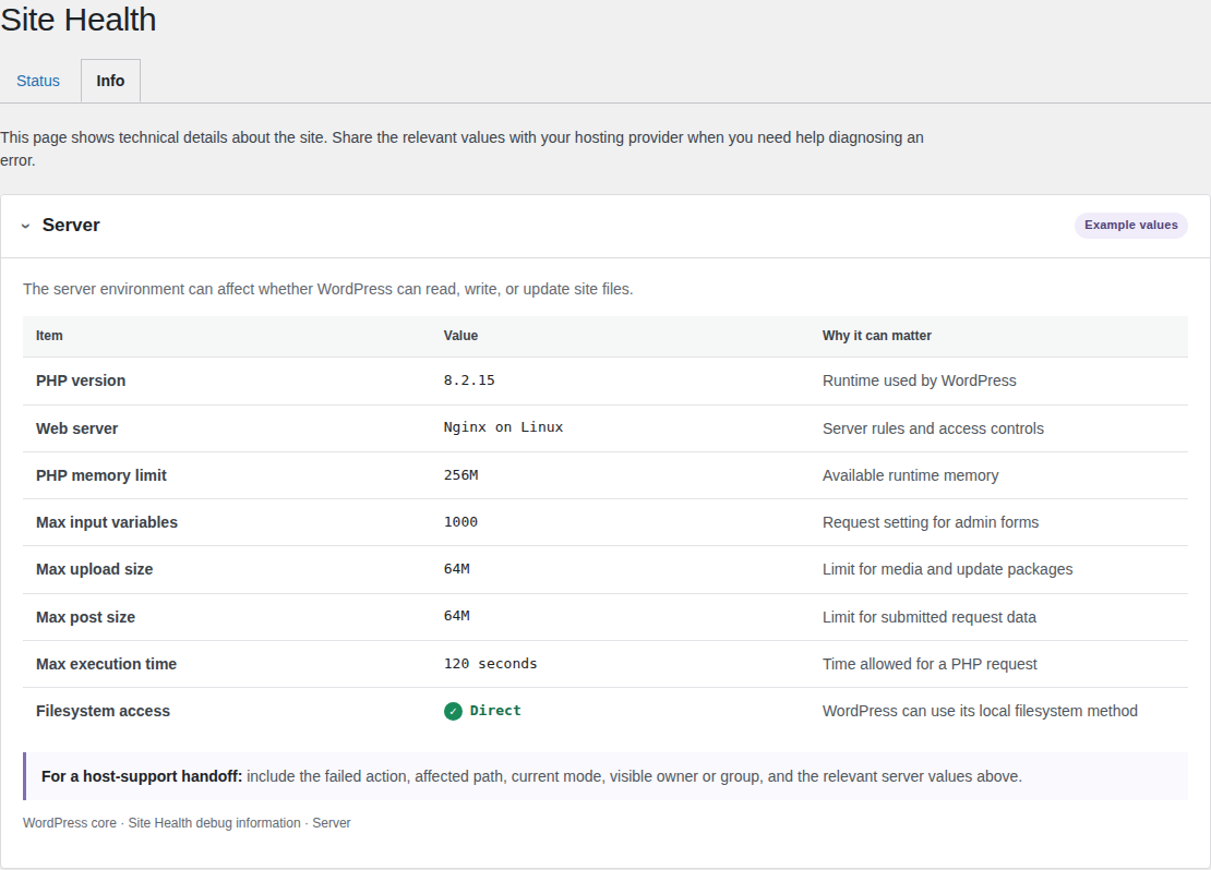 WordPress Site Health server information for sharing hosting context