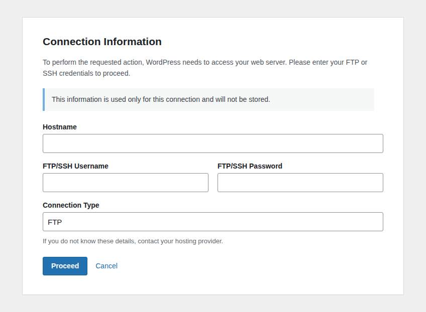 WordPress plugin installation connection prompt
