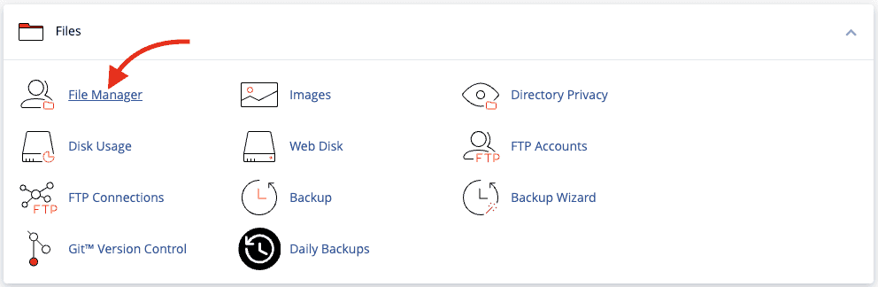 cPanel dashboard with File Manager highlighted