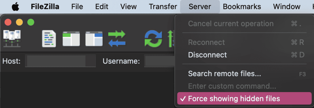 FileZilla Server menu with Force showing hidden files selected
