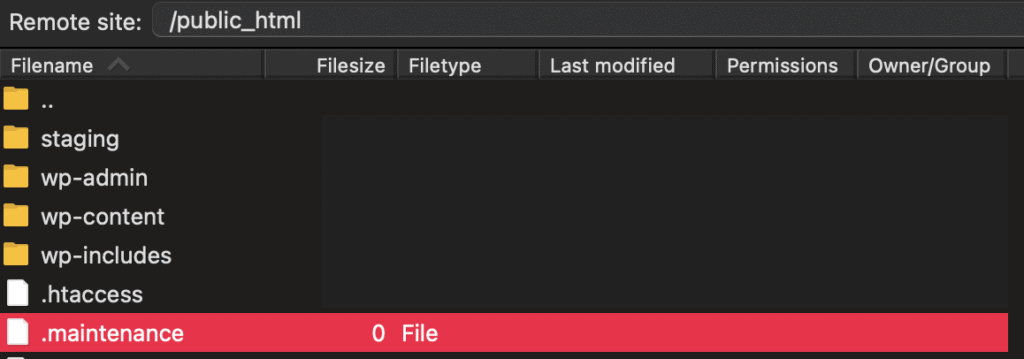 FileZilla root directory showing the hidden .maintenance file