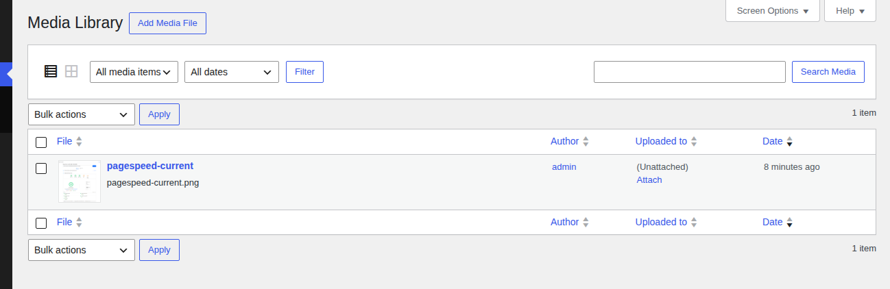 WordPress Media Library List view showing an attachment row