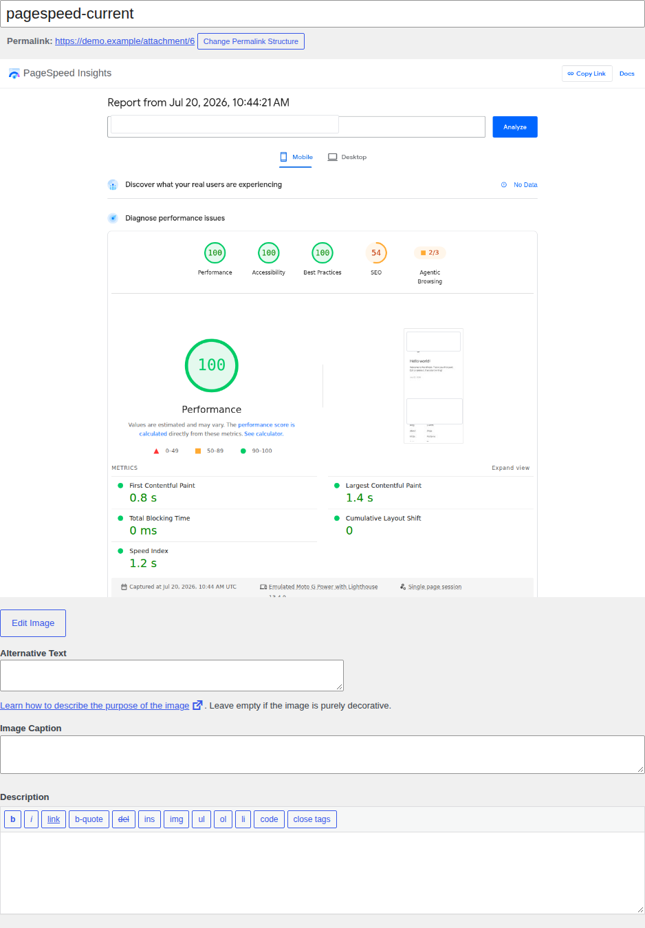 WordPress attachment details showing an image thumbnail and file metadata