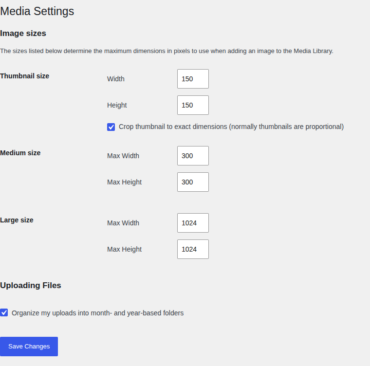 WordPress Media Settings showing image sizes and upload-folder controls