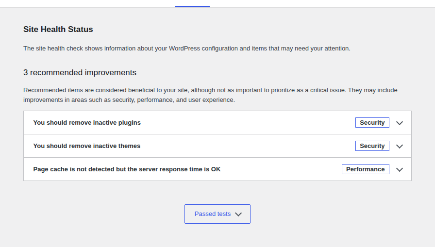 WordPress Site Health status panel with diagnostic recommendations