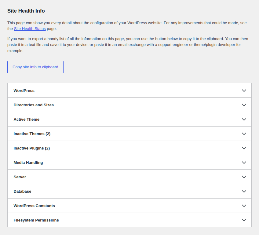 WordPress Site Health Info showing Media Handling, Server, Database, and Filesystem Permissions