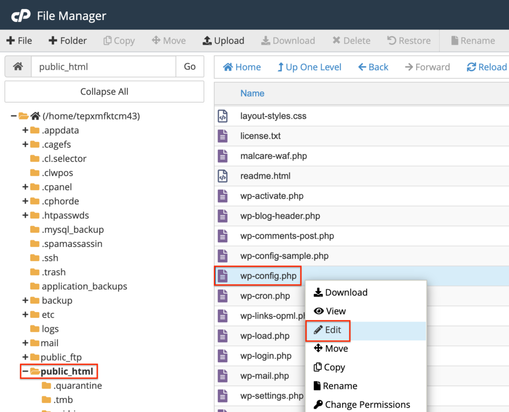 wp-config.php opened in the cPanel file editor