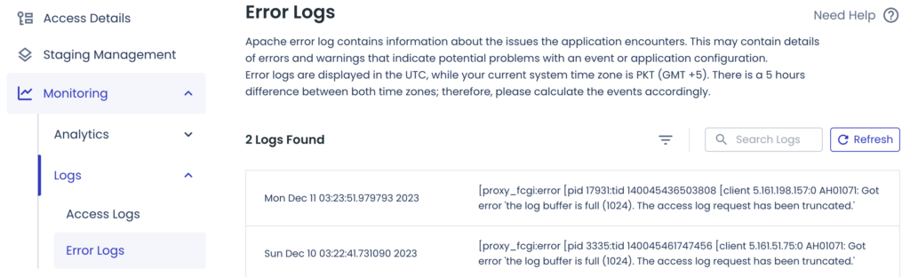 Hosting control panel showing server error logs