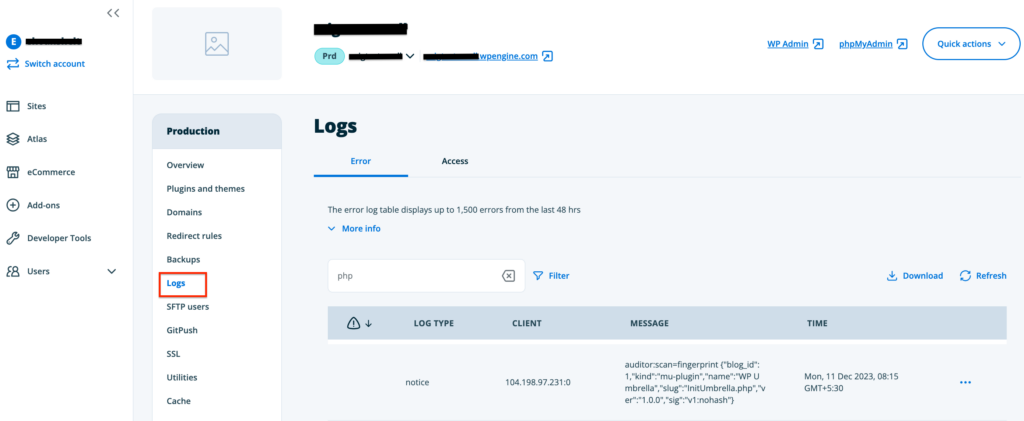Error log interface in the WP Engine hosting dashboard