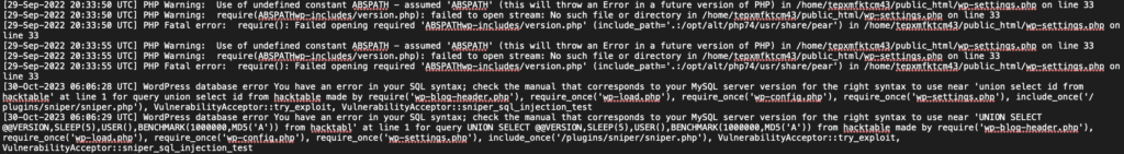Terminal displaying timestamped error log entries