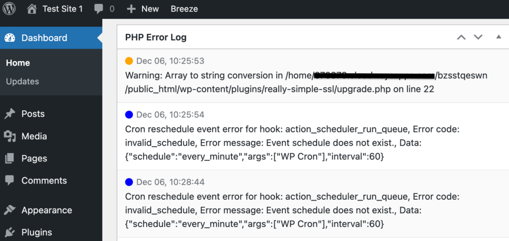 PHP error log containing application error entries