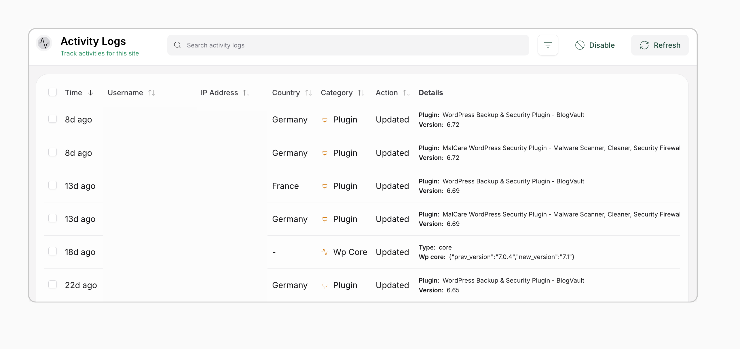 Activity log showing WordPress update events and timestamps