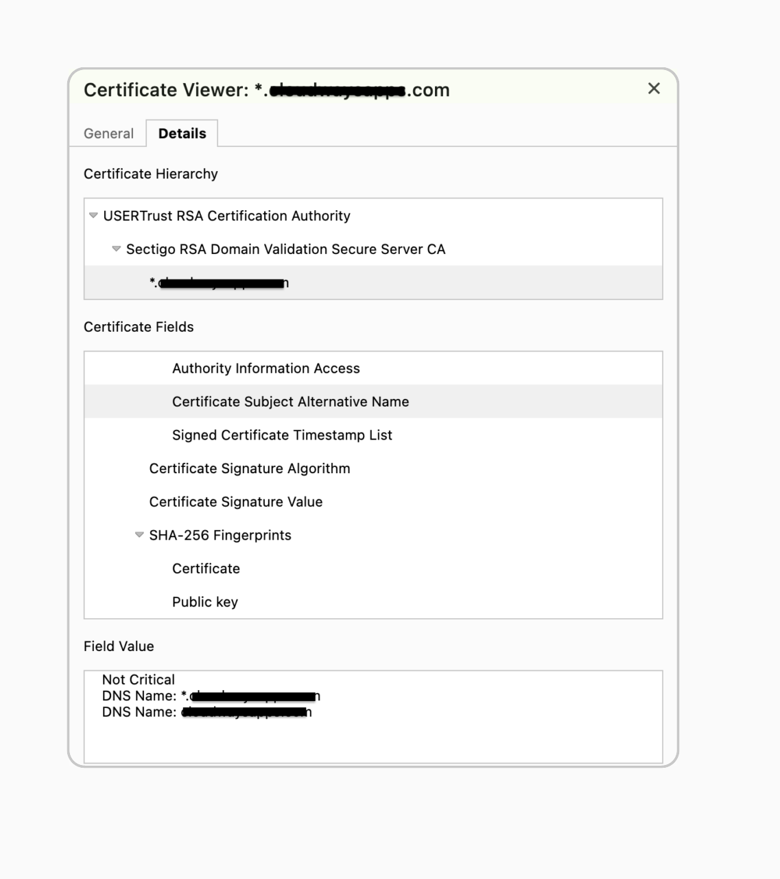 Certificate viewer showing the HTTPS certificate hierarchy and fields