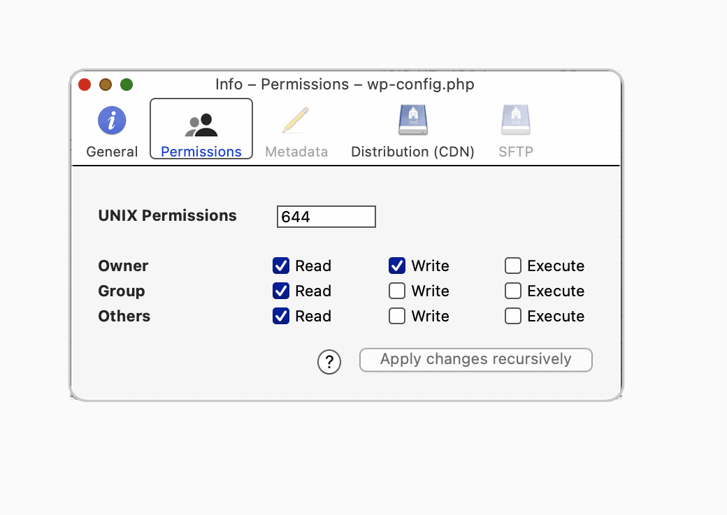 FTP permissions dialog showing the 644 file-permission example