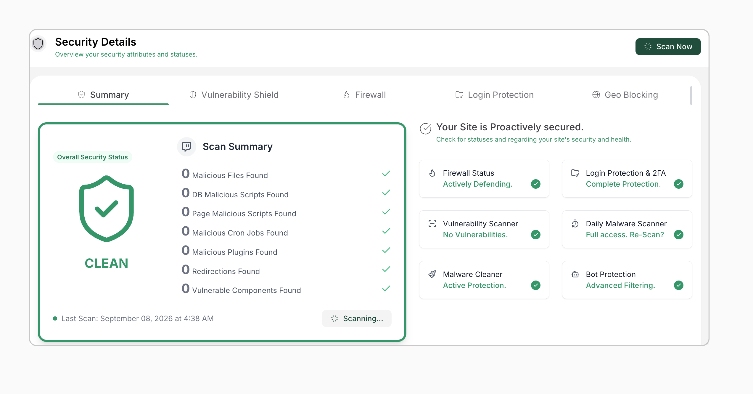 Connected security dashboard showing scan status and protection checks
