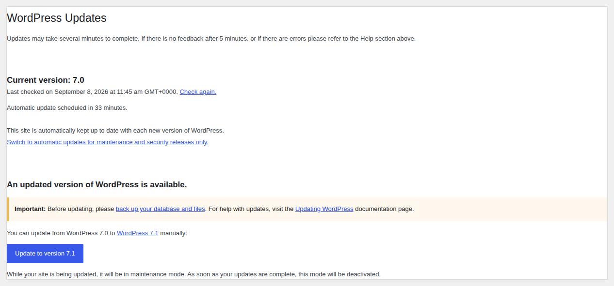 WordPress core update panel showing an available release and Update Now path