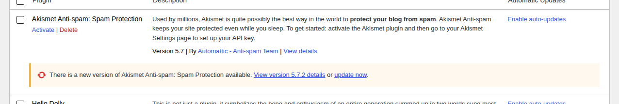 WordPress plugin update row showing installed version, target version, and compatibility