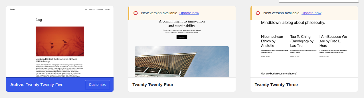 WordPress Themes screen showing installed themes with pending updates