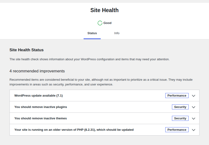 WordPress Site Health recommendations showing update, software, and PHP findings