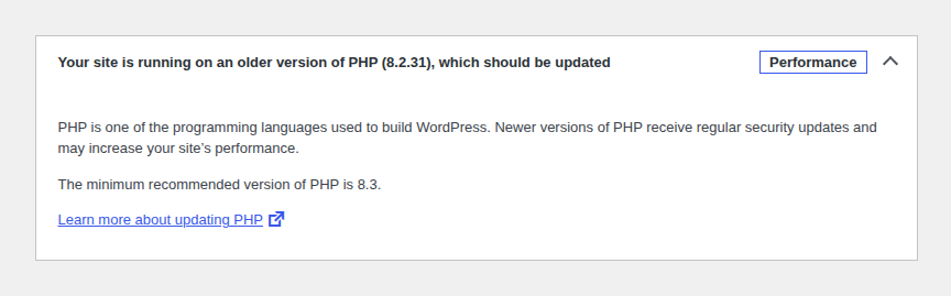 WordPress Site Health PHP finding for checking update requirements