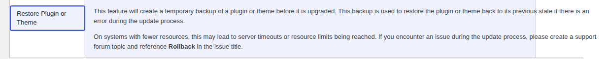 WordPress rollback help panel for restoring a plugin or theme after an update