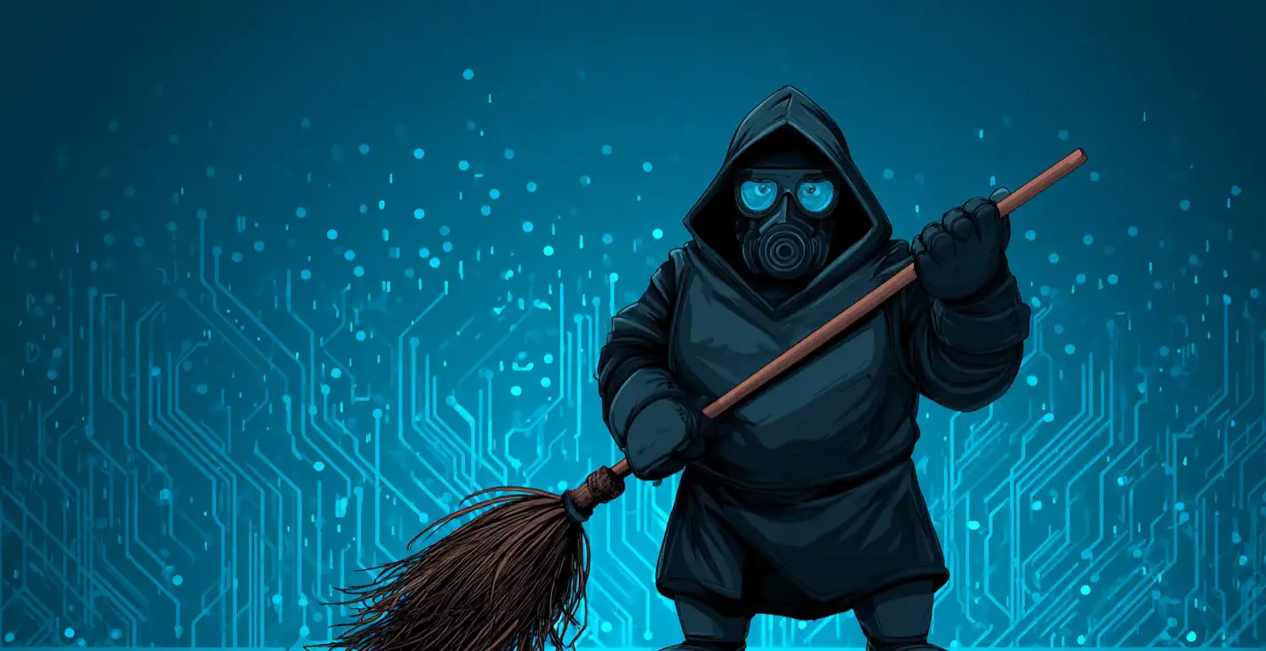 A hooded attacker sweeping across a circuit-board background, representing removal of WP-VCD malware.