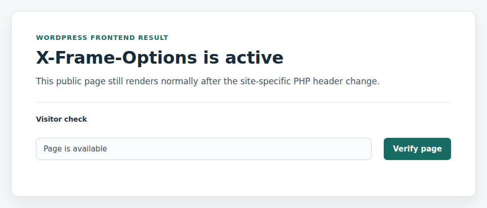 The public WordPress page renders normally after the site-specific PHP header hook and is ready for response verification.
