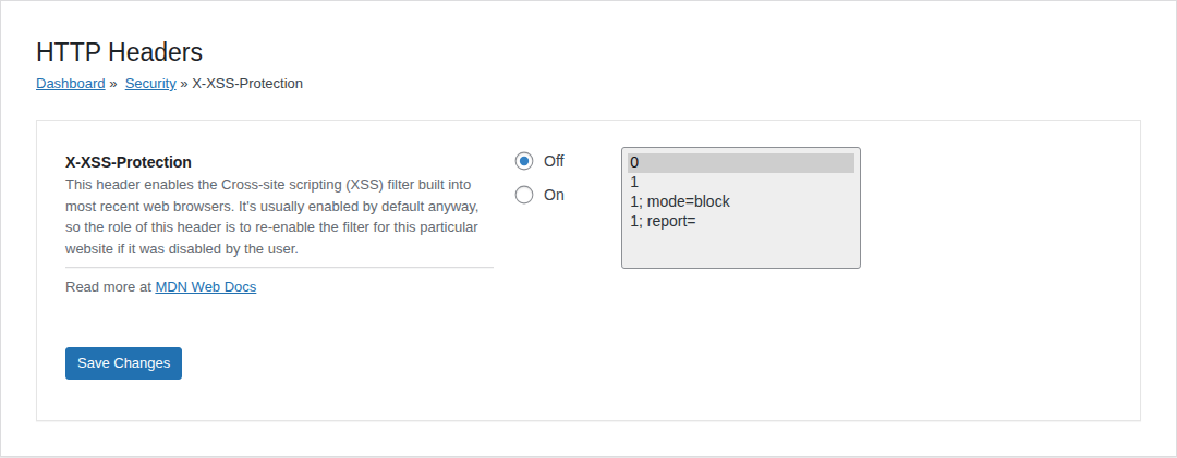 HTTP Headers security control showing X-XSS-Protection values