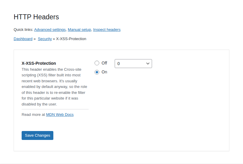 WordPress X-XSS-Protection setting in a header-management plugin