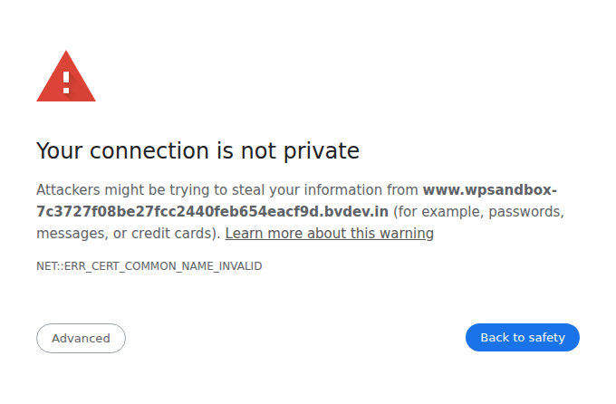Browser privacy warning showing a certificate trust failure