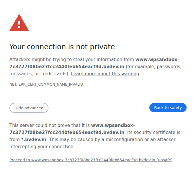 Expanded browser warning details with the certificate error code visible