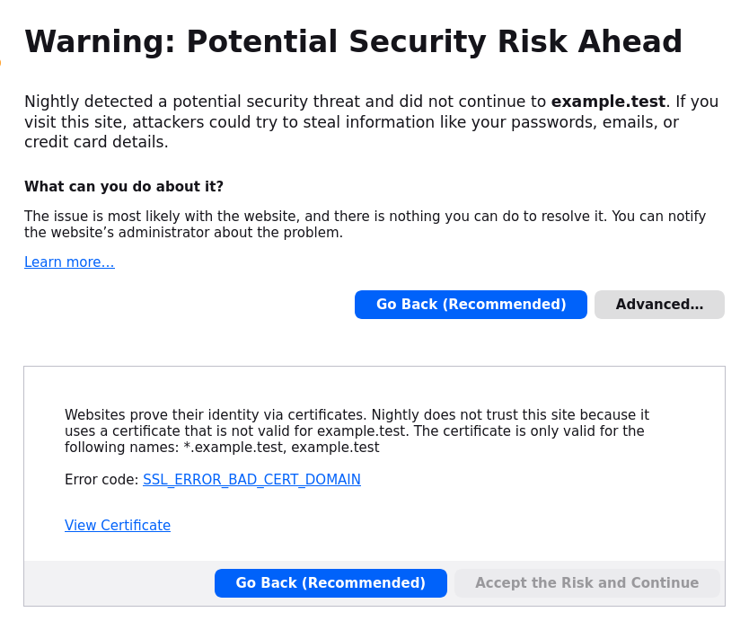 Firefox certificate warning details with the browser-specific error code visible