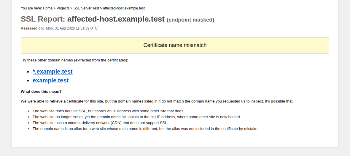 Certificate-checker result showing hostname coverage and mismatch details