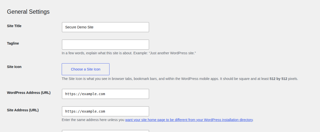 WordPress General Settings showing both site URLs using HTTPS