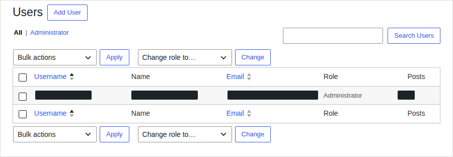 WordPress Users screen for checking suspicious administrator accounts
