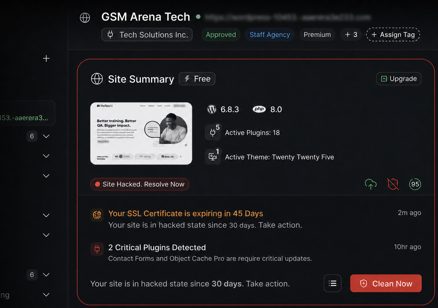 MalCare dashboard showing a hacked site summary with a Clean Now action