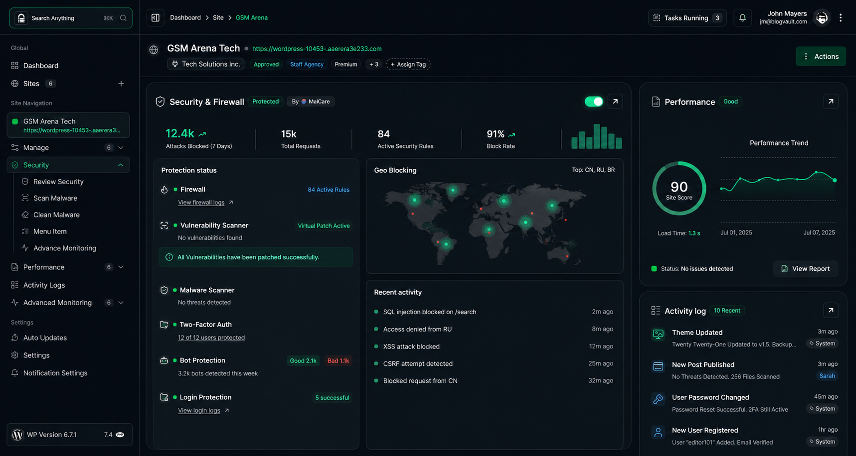 MalCare dashboard — Security & Firewall, Performance, Activity log