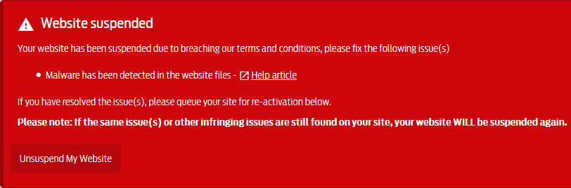 Hosting provider suspended the site due to breach of T&C