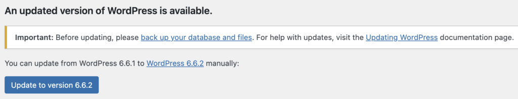 WordPress Updates screen announcing an available core update