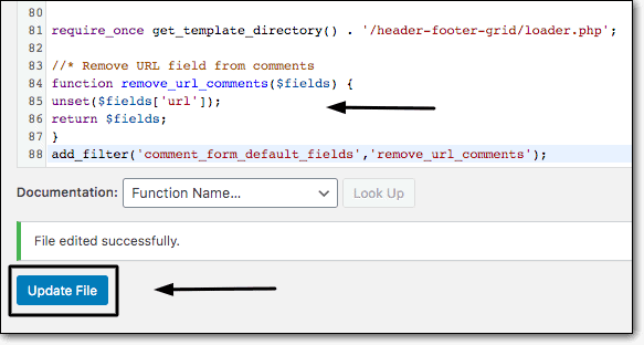Adding code in functions.php file to disable URL in comments