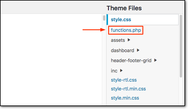 Locating the functions.php file in Theme Editor