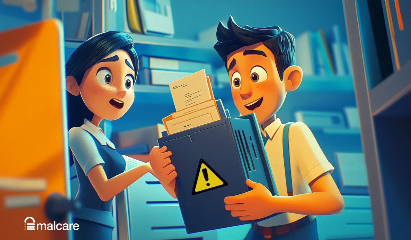 Two people handling files marked with an upload warning
