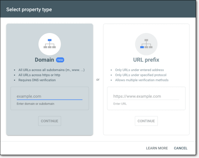 google console select property type