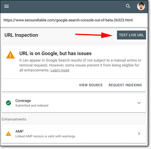 google search console url inspection tool test live button.